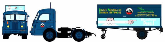 REE Modeles CB-028 - French Panhard Truck Movic SCETA blue with publicity with Trailer BLANCHEUR PERSIL Logo Map SNCF